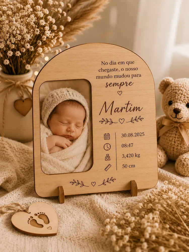 Placa de nascimento personalizada com fotografia de bebé